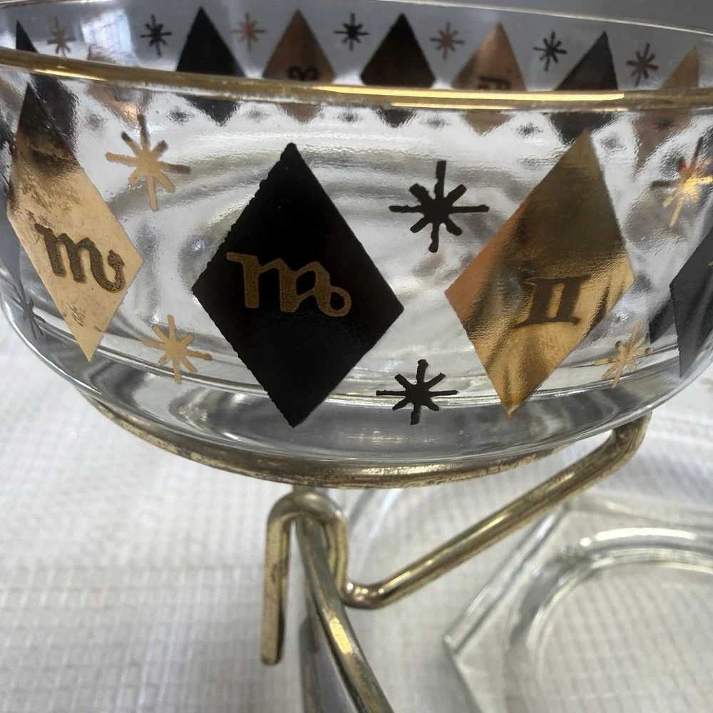 3 Pc Set VTG MCM Federal Zodiac Harlequin Diamond Black 22kt Gold Bowls Chip Dip